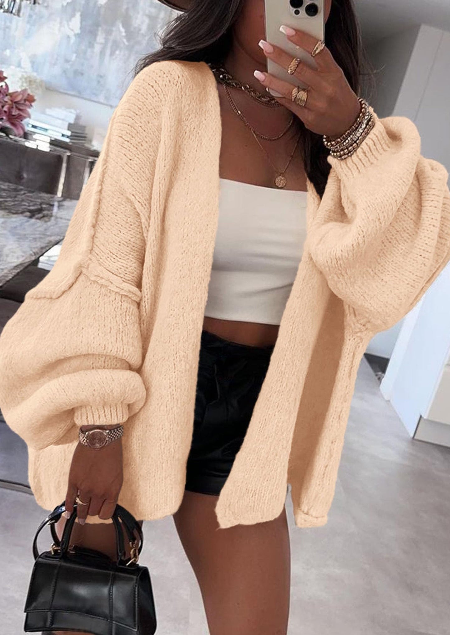 PRETTYGARDEN Womens Oversized Cardigan Sweaters Fall Long Lantern Sleeve Knit Open Front Lightweight Sweater