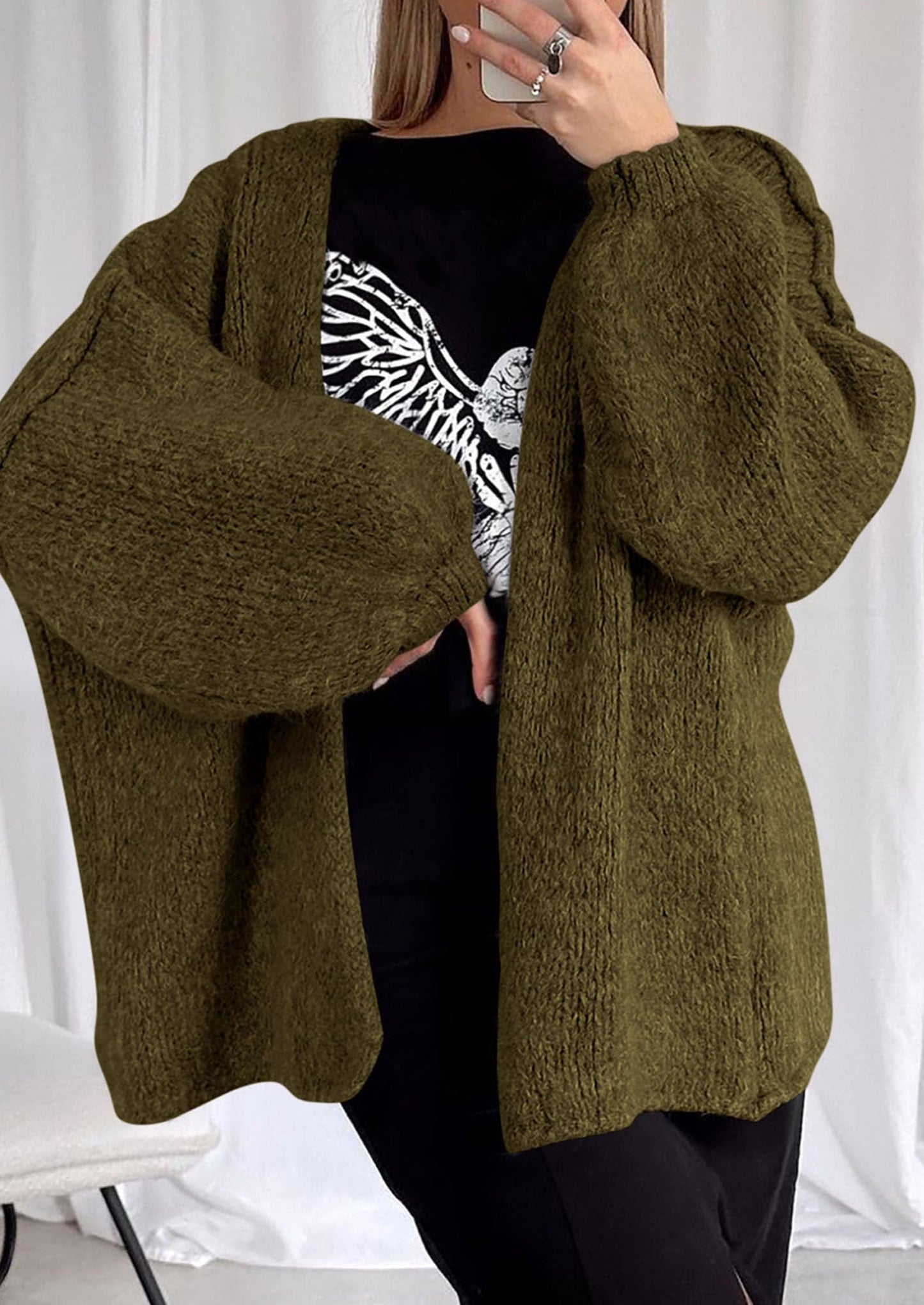 PRETTYGARDEN Womens Oversized Cardigan Sweaters Fall Long Lantern Sleeve Knit Open Front Lightweight Sweater