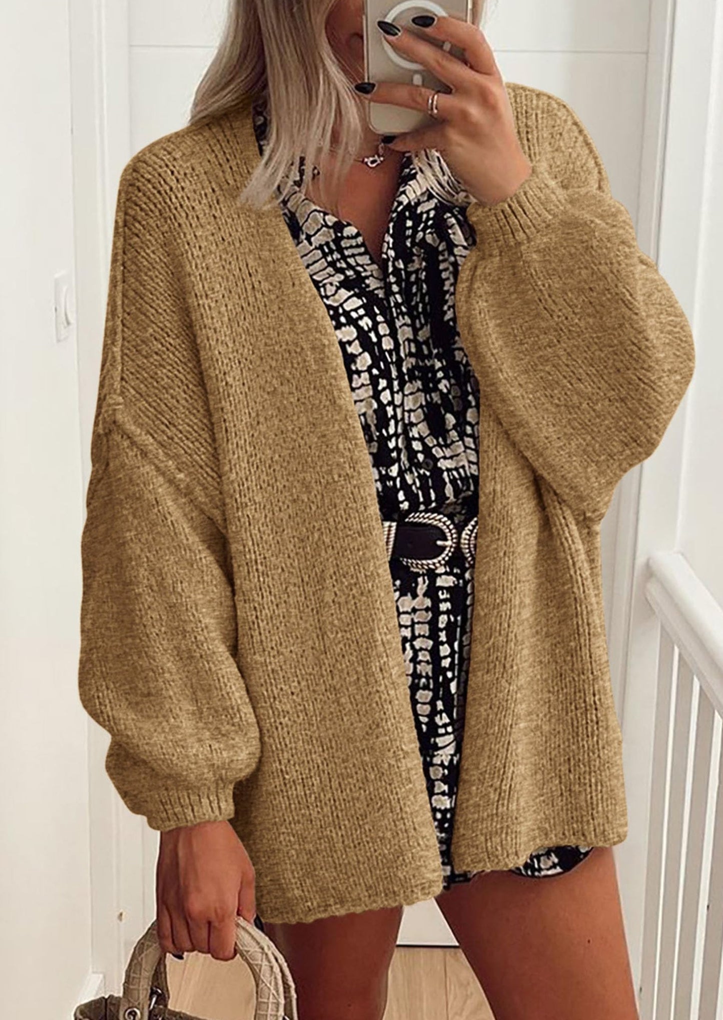 PRETTYGARDEN Womens Oversized Cardigan Sweaters Fall Long Lantern Sleeve Knit Open Front Lightweight Sweater