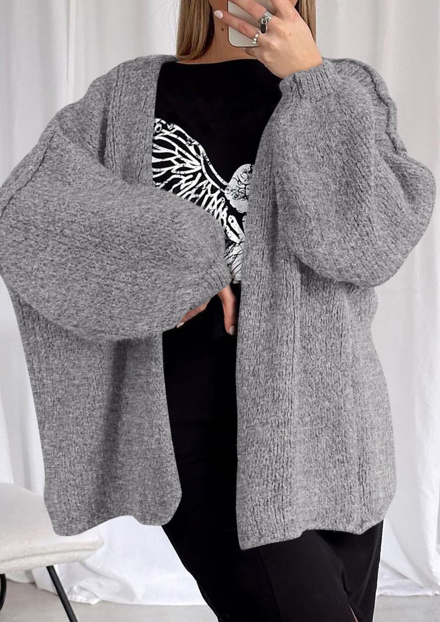 PRETTYGARDEN Womens Oversized Cardigan Sweaters Fall Long Lantern Sleeve Knit Open Front Lightweight Sweater