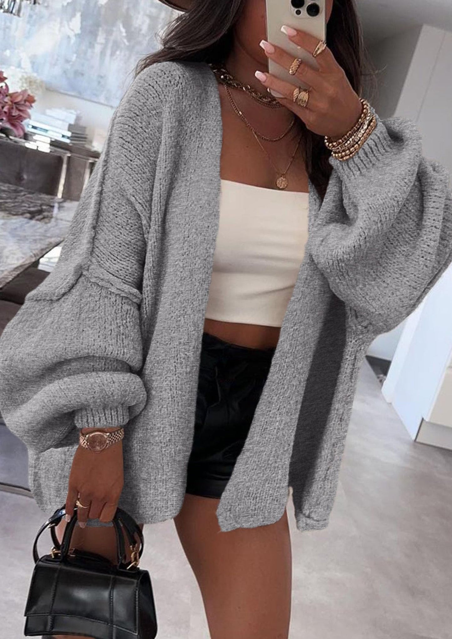 PRETTYGARDEN Womens Oversized Cardigan Sweaters Fall Long Lantern Sleeve Knit Open Front Lightweight Sweater