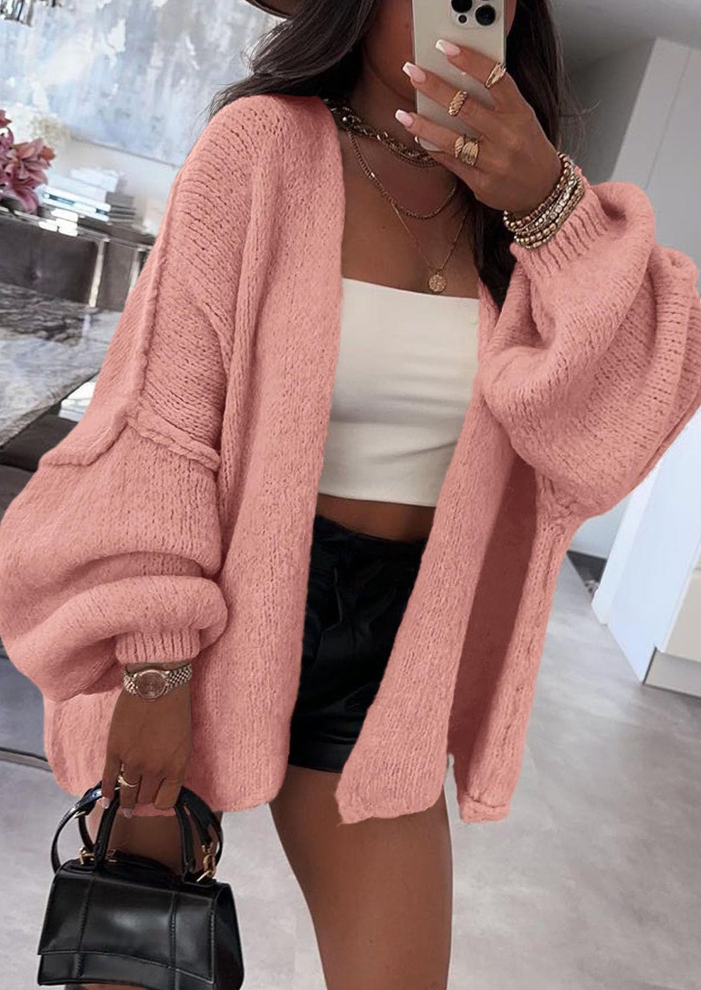 PRETTYGARDEN Womens Oversized Cardigan Sweaters Fall Long Lantern Sleeve Knit Open Front Lightweight Sweater