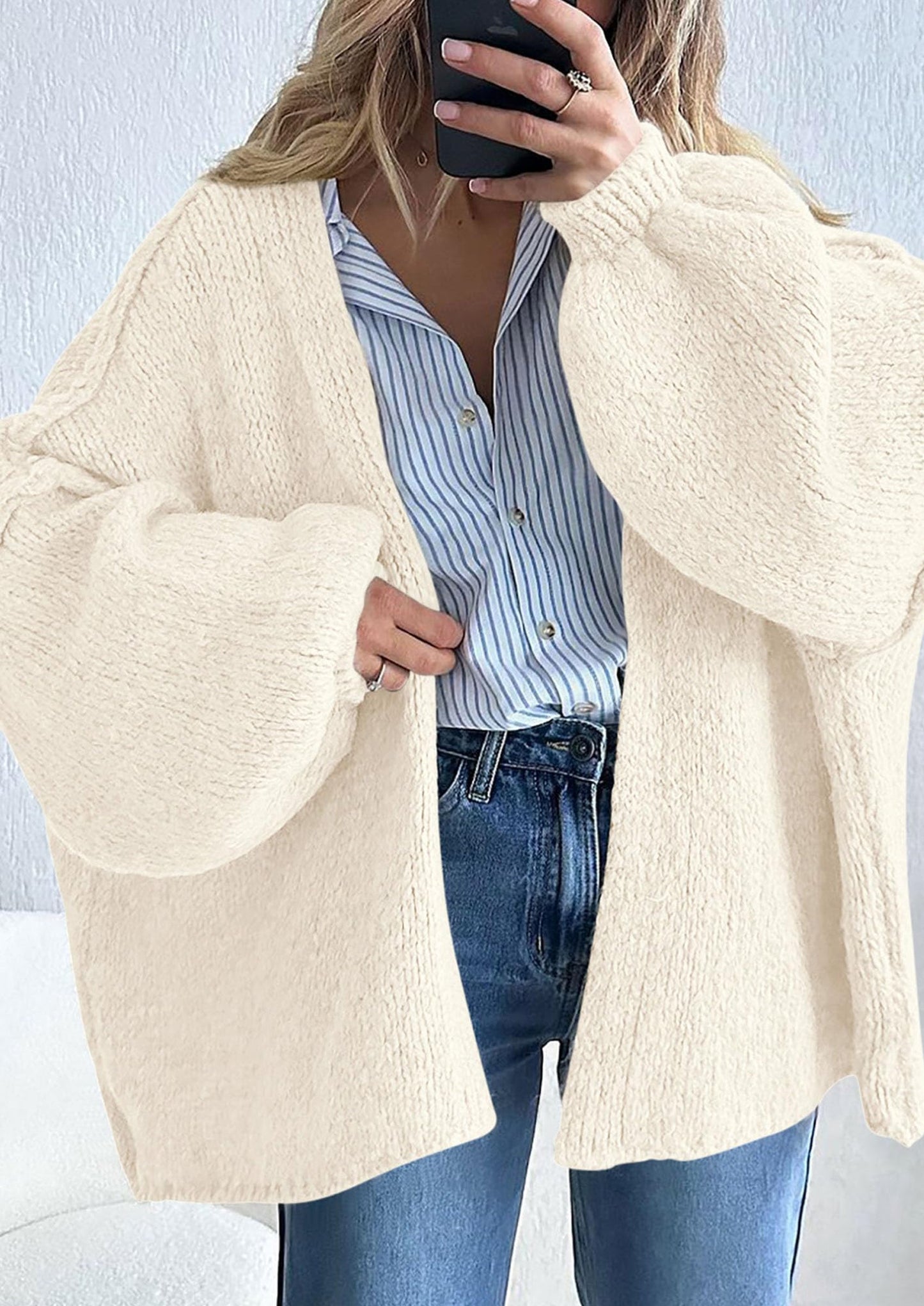 PRETTYGARDEN Womens Oversized Cardigan Sweaters Fall Long Lantern Sleeve Knit Open Front Lightweight Sweater