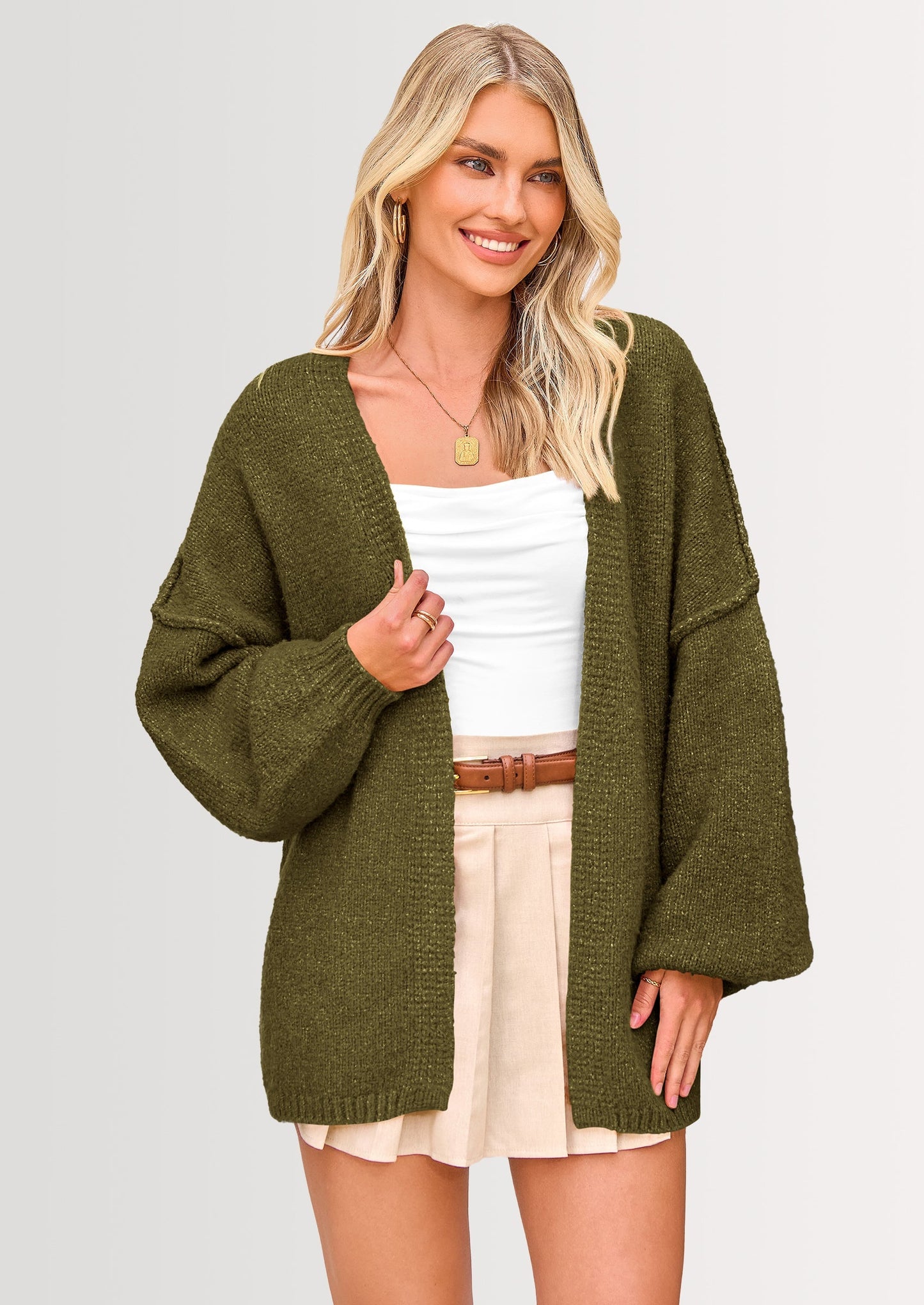 PRETTYGARDEN Womens Oversized Cardigan Sweaters Fall Long Lantern Sleeve Knit Open Front Lightweight Sweater